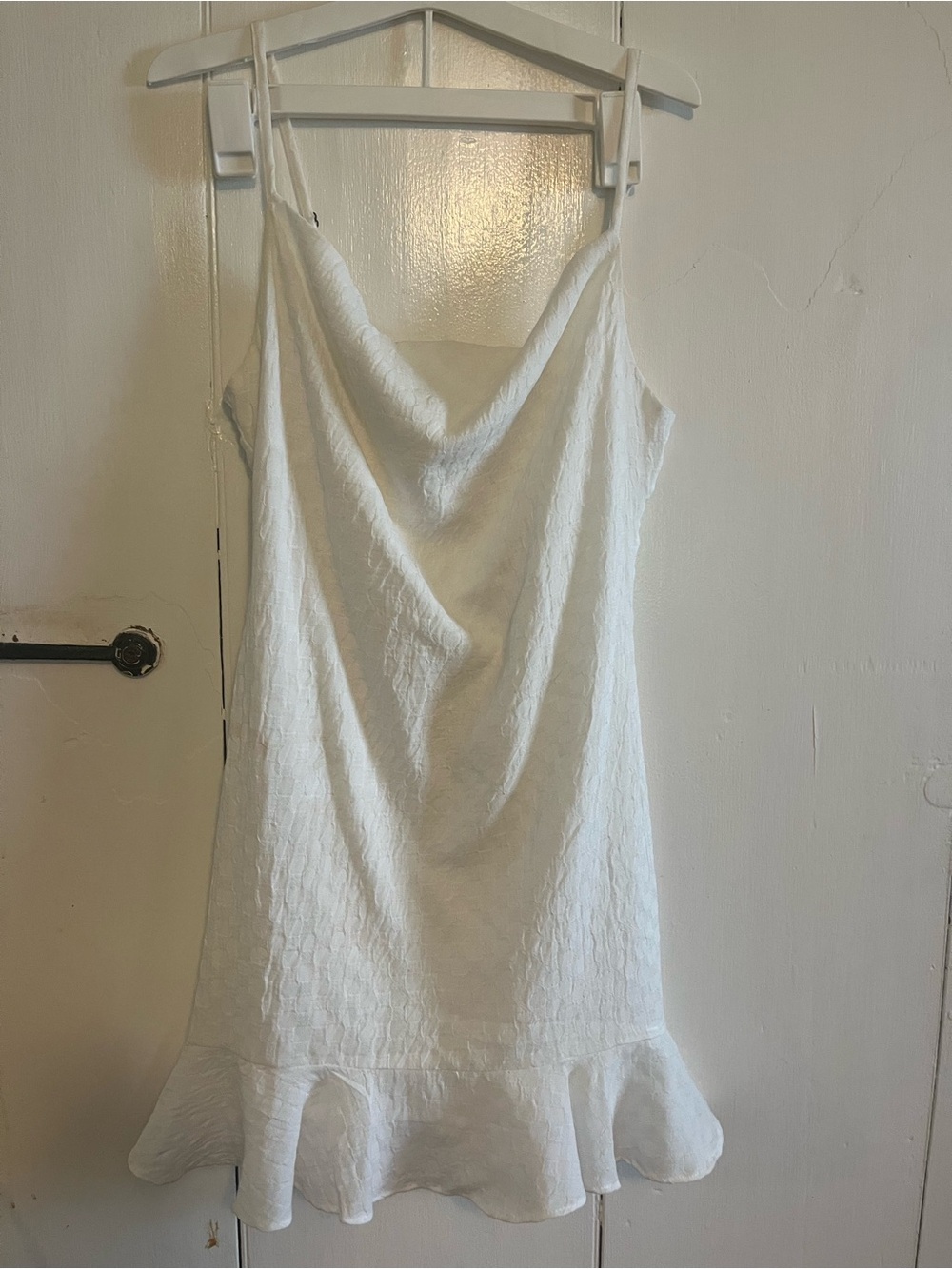White Cowl Neck Mini Dress with Ruffle Hem